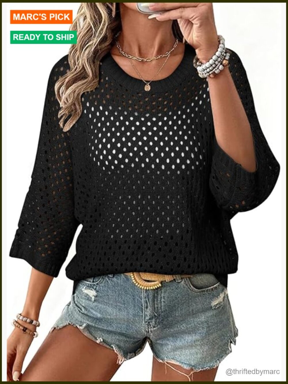 Crew Neck 3/4 Sleeve Crochet Sweater Knit Beach Cover Up